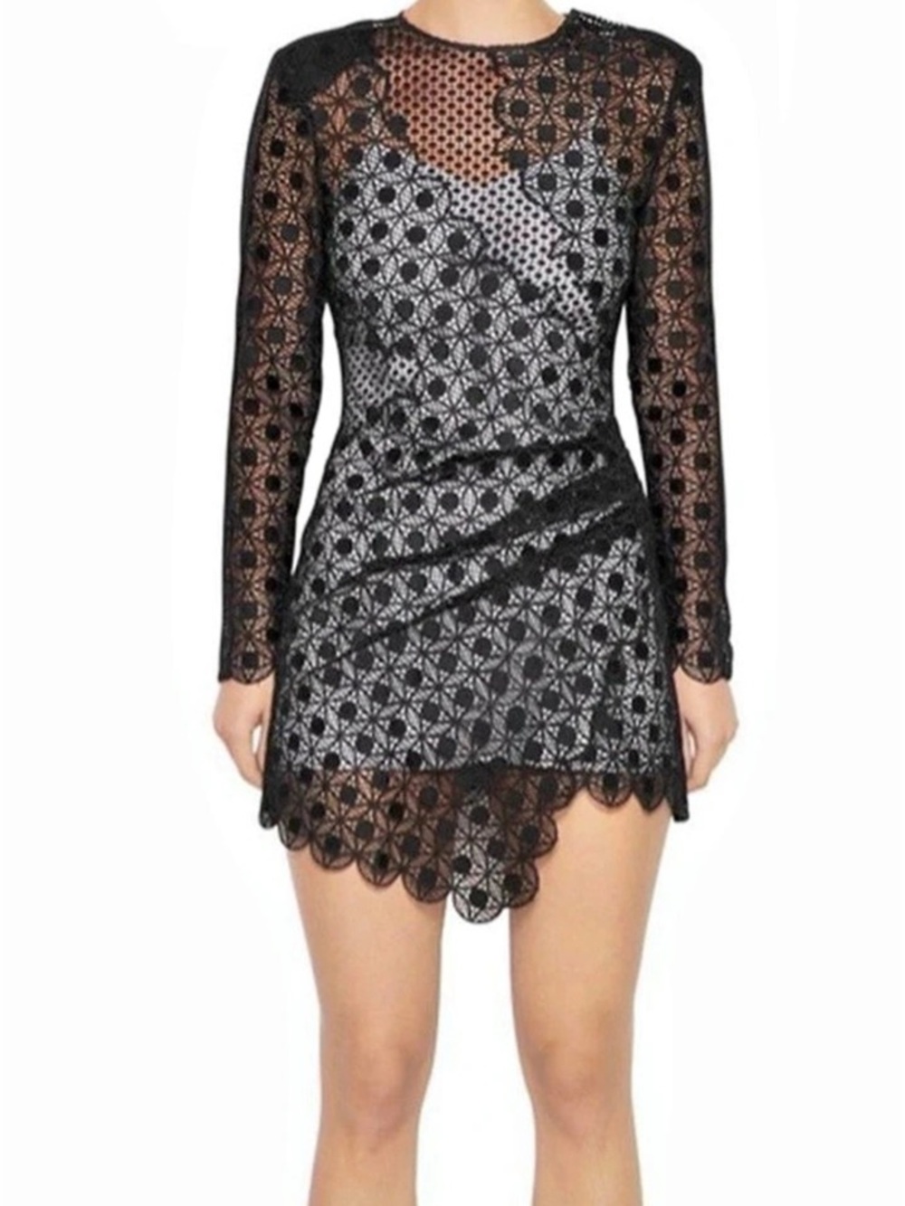 Self-Portrait Strike Guipure Lace Mini Black Lace Long Sleeve